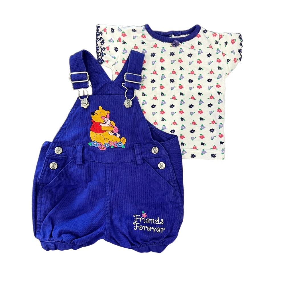 Vintage Winnie the Pooh & Piglet Purple Denim Overalls & Shirt Set 6-9 M Disney